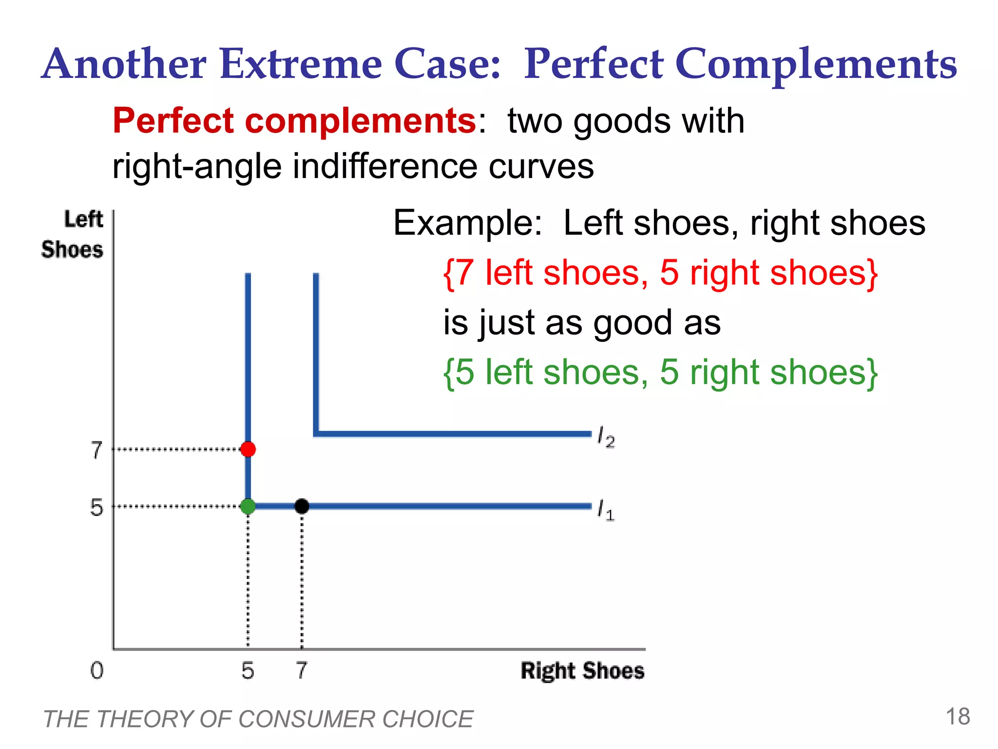 THE THEORY OF CONSUMER CHOICE 18
Another Extreme Case: Perfect Complements
Perfect complements: two goods with
right-angle indifference curves
Example: Left shoes, right shoes
{7 left shoes, 5 right shoes}
is just as good as
{5 left shoes, 5 right shoes}
 