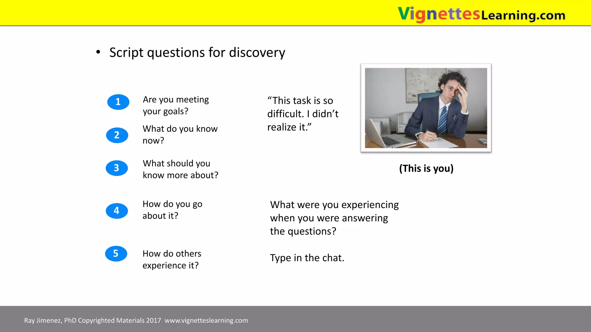 Ray Jimenez, PhD Copyrighted Materials 2017 www.vignetteslearning.com
• Script questions for discovery
How do you go
about it?
How do others
experience it?
What should you
know more about?
What do you know
now?
Are you meeting
your goals?
1
2
3
4
5
“This task is so
difficult. I didn’t
realize it.”
(This is you)
What were you experiencing
when you were answering
the questions?
Type in the chat.
 