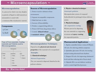 Type of Core materials, Coating
materials and Vehicles used in
Microencapsulation:
Is a process by which very tiny droplets
or particles of liquid or solid material are
surrounded or coated with
a continuous film of polymeric material.
Components:
a) Core
b) Shell
Reasons of Microencapsulation:
1. Protect reactive substances from
environment.
2. Separate incompatible components.
3. Mask bad taste or odor.
4. Increase of bioavailability.
5. Produce a targeted drug delivery.
6. Protect GIT from drug irritant effects.
7. Control delayed release
or sustained release.
Microencapsulation Techniques:
Depend on the physical and chemical
properties of the material to be encapsulated.
Examples:
1. Chemical technique:
Solvent Evaporation:
The core material is dispersed/ dissolved in the
polymer solution.
2. Physico-chemical technique:
Ionotropic gelation:
Microparticulate system of verapamil
hydrochloride for prolonged release delivery
system.
3. Physical technique:
Air-suspension coating:
Wurster process by dispersing
the core materials in a supporting
air stream and spray-coating
the suspended particles.
Pharmaceutical Applications:
1. Aspirin controlled release version ZORprin
CR tab.s for relieving arthritis symptoms.
2. Quinidine gluconate CR tab.s for treating
and preventing abnormal heart rhythms.
3. Niaspan CR tab.s for improving cholesterol
levels and thus reducing risk of heart attack.
4. Glipizide SR is an anti diabetic medicine
used to control high blood pressure.
 