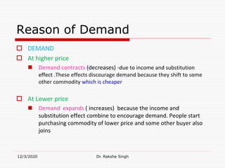 Reason of Demand
 DEMAND
 At higher price
 Demand contracts (decreases) -due to income and substitution
effect .These effects discourage demand because they shift to some
other commodity which is cheaper
 At Lower price
 Demand expands ( increases) because the income and
substitution effect combine to encourage demand. People start
purchasing commodity of lower price and some other buyer also
joins
12/3/2020 Dr. Raksha Singh
 
