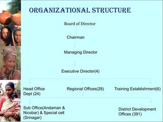 Organizational structure
                      Board of Director


                          Chairman


                      Managing Director



                     Executive Director(4)



Head Office               Regional Offices(28)   Training Establishment(6)
Dept (24)


Sub Office(Andaman &                               District Development
Nicobar) & Special cell                            Offices (391)
(Srinagar)
 
