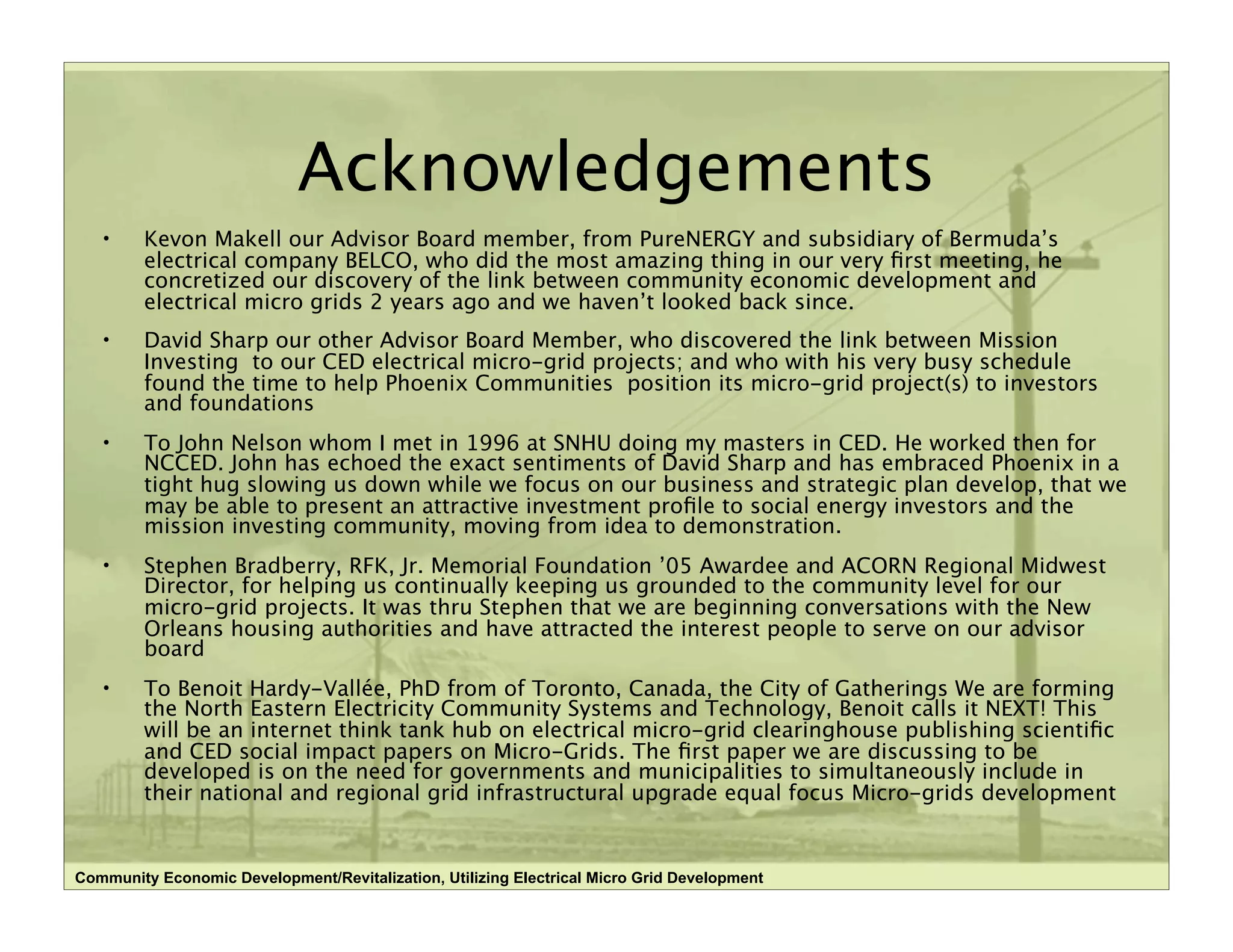 Community Economic Development/Revitalization, Utilizing Electrical Micro Grid Development