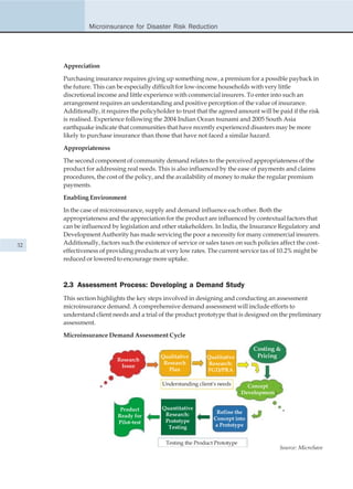 Microinsurance for Disaster Risk Reduction




     Appreciation

     Purchasing insurance requires giving up something now, a premium for a possible payback in
     the future. This can be especially difficult for low-income households with very little
     discretional income and little experience with commercial insurers. To enter into such an
     arrangement requires an understanding and positive perception of the value of insurance.
     Additionally, it requires the policyholder to trust that the agreed amount will be paid if the risk
     is realised. Experience following the 2004 Indian Ocean tsunami and 2005 South Asia
     earthquake indicate that communities that have recently experienced disasters may be more
     likely to purchase insurance than those that have not faced a similar hazard.

     Appropriateness

     The second component of community demand relates to the perceived appropriateness of the
     product for addressing real needs. This is also influenced by the ease of payments and claims
     procedures, the cost of the policy, and the availability of money to make the regular premium
     payments.

     Enabling Environment

     In the case of microinsurance, supply and demand influence each other. Both the
     appropriateness and the appreciation for the product are influenced by contextual factors that
     can be influenced by legislation and other stakeholders. In India, the Insurance Regulatory and
     Development Authority has made servicing the poor a necessity for many commercial insurers.
32   Additionally, factors such the existence of service or sales taxes on such policies affect the cost-
     effectiveness of providing products at very low rates. The current service tax of 10.2% might be
     reduced or lowered to encourage more uptake.



     2.3 Assessment Process: Developing a Demand Study
     This section highlights the key steps involved in designing and conducting an assessment
     microinsurance demand. A comprehensive demand assessment will include efforts to
     understand client needs and a trial of the product prototype that is designed on the preliminary
     assessment.

     Microinsurance Demand Assessment Cycle

                                                                                Costing &
                                           Qualitative       Qualitative         Pricing
                          Research
                                            Research         Research:
                           Issue
                                              Plan           FGD/PRA

                                           Understanding client's needs       Concept
                                                                            Development


                           Product         Quantitative
                                            Research:           Refine the
                          Ready for                            Concept into
                          Pilot-test        Prototype
                                             Testing           a Prototype


                                            Testing the Product Prototype
                                                                                          Source: MicroSave
 