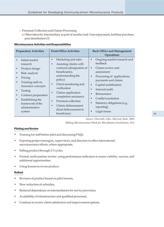 Guidelines for Developing Community-driven Microinsurance Products




     – Premium Collection and Claims Processing
       o Often taken by intermediary as part of another task: loan repayment, fertiliser purchase,
         post distribution (?)

Microinsurance Activities and Responsibilities

 Preparatory Activities       Front Office Activities                Back Office and Management
                                                                              Operations
 •    Initial market          •     Marketing and sales          •     Ongoing market research and
      research                •     Assisting clients with             feedback
 •    Product design                contracts (designation of    •     Claims review and
 •    Risk analysis                 beneficiaries,                     assessment
                                    understanding the            •     Processing of applications,
 •    Pricing
                                    policy)                            payments and claims
 •    Training staff on
                              •     Client monitoring and        •     Capital mobilisation
      insurance concepts
                                    verification                 •     Internal audit
 •    Testing
                              •     Claims application           •     Reinsurance
 •    Contract preparation          completion assistance
 •    Establishing the                                           •     Conflict resolution
                              •     Premium collection
      framework of the                                           •     Statutory obligations (e.g.,
                              •     Claims disbursement                reporting)
      administrative
                                    (final disbursement to
      system                                                     •     Legal issues
                                    beneficiary)                                                            59
                                                           Source: Churchill, Liber, McCord, Roth. 2003.
                                           Making Microinsurance Work for Microfinance Institutions. ILO.

Piloting and Review

•    Training for staff before pilot and discussing FAQs

•    Exposing project managers, supervisors, and directors to other international
     microinsurance efforts, where appropriate,

•    Selling product through 2-3 cycles,

•    Formal, multi-partner review: using performance indicators to assess viability, success, and
     additional opportunities.

•    Using lessons to revise product.

Rollout

•    Revision of product based on pilot lessons,

•    Slow reduction of subsidies,

•    Reduced dependence on intermediaries for service provision,

•    Availability of infrastructure and qualified personnel,

•    Continue to review client satisfaction and improvement options.
 