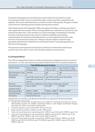 Four Case Examples of Successful Microinsurance Initiatives in India




Community field agents are selected based on criteria chosen by Tata-AIG for an ideal
microinsurance leader2 and are evaluated through a written exam that is mandated by the
regulator. The exam is administered by an external examiner. Subsequently, the agent is trained
on processes for marketing and servicing the microinsurance product.

After being licensed and forming their CRIGs, the agents start selling. Training is provided to
many agents after three months. Three retraining modules are conducted over a period of a year
and each lasts three days. These modules cover basic knowledge on retail finance including
insurance, analysing company data, advice on objection handling, team building,
communications development, leadership practices, as well as general instruction on the
relevance of microinsurance to the poor. Training is also provided on computer usage,
particularly the Internet to facilitate the use of the agent's portal. Training programmes are
offered in local languages.

The amount insured under the microinsurance products is considered too small to pose
systemic risk to Tata-AIG. As such, microinsurance policies are not reinsured.



4.1.3 Products Offered

Tata-AIG has designed its products to relate to requirements of legislation aimed at social and
rural sectors. As such, only social sector products related closely to low-income households as
                                Tata-AIG Microinsurance Products
                                                                                                         65
Product Name             Kalyan Yojana            Karuna Yojana Jana Suraksha Yojana
                         ("Welfare Plan")         ("Mercy Plan")      ("Mass Protection Plan")
Microinsurance Type      Term life                Life                Life
Term (years)             5                        15                  15
Eligibility              Age 18-55, cannot renew Age 18-45, cannot renew beyond 60,
                         beyond 60, for men and for men and women
                         women
Renewal                  May renew within five years of lapse. 30 day grace period.
Annual Premium           4.43 to 25.824           279-289             672-687
(Amount in Rs.)3
Sum Insured (Rs.)        10000 to 150005           13000 to 250006 54000 to 290007
Payment Period           Monthly, quarterly, semi-annually, annually
Exclusions               Suicide in first year
All products are voluntary and offered to individuals (as opposed to whole households).
2   Among other characteristics, the agent must: be a resident in community servicing; have passed
    10th standard; married—for stability; demonstrate ability to write English; demonstrate integrity,
    leadership and ability; demonstrate training skills.
3   Variations depend on age of policyholder and sum insured.
4   Range represents premium in Rupees, per Rs. 1000 insured.
5   Total sum insured depends on age and equals Rs. 15000 for ages 18-40 and Rs. 10000 for ages 41-55.
6   Total sum insured depends on age and equals Rs. 25000 for ages 18-38, Rs. 21000 for age 39, Rs.
    20000 for age 40, Rs. 18000 for ages 41-44, and Rs 13000 for ages 45+.
7   Total sum insured depends on age and equals Rs. 54000 for ages 18-28, Rs. 52000 for age 29, Rs.
    51000 for ages 30-38, Rs. 41000 for age 39, Rs 38000 for ages 40, Rs. 36000 for ages 41-44, and Rs
    29000 for ages 45+.
 