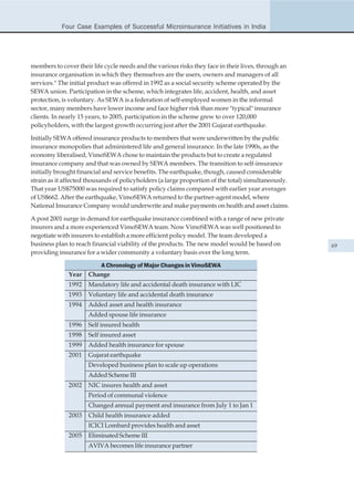 Four Case Examples of Successful Microinsurance Initiatives in India




members to cover their life cycle needs and the various risks they face in their lives, through an
insurance organisation in which they themselves are the users, owners and managers of all
services." The initial product was offered in 1992 as a social security scheme operated by the
SEWA union. Participation in the scheme, which integrates life, accident, health, and asset
protection, is voluntary. As SEWA is a federation of self-employed women in the informal
sector, many members have lower income and face higher risk than more "typical" insurance
clients. In nearly 15 years, to 2005, participation in the scheme grew to over 120,000
policyholders, with the largest growth occurring just after the 2001 Gujarat earthquake.

Initially SEWA offered insurance products to members that were underwritten by the public
insurance monopolies that administered life and general insurance. In the late 1990s, as the
economy liberalised, VimoSEWA chose to maintain the products but to create a regulated
insurance company and that was owned by SEWA members. The transition to self-insurance
initially brought financial and service benefits. The earthquake, though, caused considerable
strain as it affected thousands of policyholders (a large proportion of the total) simultaneously.
That year US$75000 was required to satisfy policy claims compared with earlier year averages
of US$662. After the earthquake, VimoSEWA returned to the partner-agent model, where
National Insurance Company would underwrite and make payments on health and asset claims.

A post 2001 surge in demand for earthquake insurance combined with a range of new private
insurers and a more experienced VimoSEWA team. Now VimoSEWA was well positioned to
negotiate with insurers to establish a more efficient policy model. The team developed a
business plan to reach financial viability of the products. The new model would be based on          69
providing insurance for a wider community a voluntary basis over the long term.

                         A Chronology of Major Changes in VimoSEWA
              Year    Change
              1992    Mandatory life and accidental death insurance with LIC
              1993    Voluntary life and accidental death insurance
              1994    Added asset and health insurance
                      Added spouse life insurance
              1996    Self insured health
              1998    Self insured asset
              1999    Added health insurance for spouse
              2001    Gujarat earthquake
                      Developed business plan to scale up operations
                      Added Scheme III
              2002    NIC insures health and asset
                      Period of communal violence
                      Changed annual payment and insurance from July 1 to Jan 1
              2003    Child health insurance added
                      ICICI Lombard provides health and asset
              2005    Eliminated Scheme III
                      AVIVA becomes life insurance partner
 