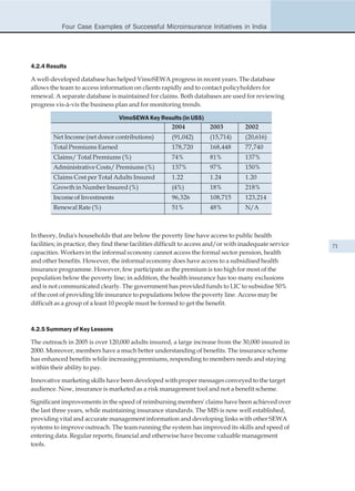 Four Case Examples of Successful Microinsurance Initiatives in India




4.2.4 Results

A well-developed database has helped VimoSEWA progress in recent years. The database
allows the team to access information on clients rapidly and to contact policyholders for
renewal. A separate database is maintained for claims. Both databases are used for reviewing
progress vis-à-vis the business plan and for monitoring trends.

                                  VimoSEWA Key Results (in US$)
                                                  2004          2003                2002
        Net Income (net donor contributions)           (91,042)       (15,714)      (20,616)
        Total Premiums Earned                          178,720        168,448       77,740
        Claims/ Total Premiums (%)                     74%            81%           137%
        Administrative Costs/ Premiums (%)             137%           97%           150%
        Claims Cost per Total Adults Insured           1.22           1.24          1.20
        Growth in Number Insured (%)                   (4%)           18%           218%
        Income of Investments                          96,326         108,715       123,214
        Renewal Rate (%)                               51%            48%           N/A



In theory, India's households that are below the poverty line have access to public health
facilities; in practice, they find these facilities difficult to access and/or with inadequate service   71
capacities. Workers in the informal economy cannot access the formal sector pension, health
and other benefits. However, the informal economy does have access to a subsidised health
insurance programme. However, few participate as the premium is too high for most of the
population below the poverty line; in addition, the health insurance has too many exclusions
and is not communicated clearly. The government has provided funds to LIC to subsidise 50%
of the cost of providing life insurance to populations below the poverty line. Access may be
difficult as a group of a least 10 people must be formed to get the benefit.



4.2.5 Summary of Key Lessons

The outreach in 2005 is over 120,000 adults insured, a large increase from the 30,000 insured in
2000. Moreover, members have a much better understanding of benefits. The insurance scheme
has enhanced benefits while increasing premiums, responding to members needs and staying
within their ability to pay.

Innovative marketing skills have been developed with proper messages conveyed to the target
audience. Now, insurance is marketed as a risk management tool and not a benefit scheme.

Significant improvements in the speed of reimbursing members' claims have been achieved over
the last three years, while maintaining insurance standards. The MIS is now well established,
providing vital and accurate management information and developing links with other SEWA
systems to improve outreach. The team running the system has improved its skills and speed of
entering data. Regular reports, financial and otherwise have become valuable management
tools.
 