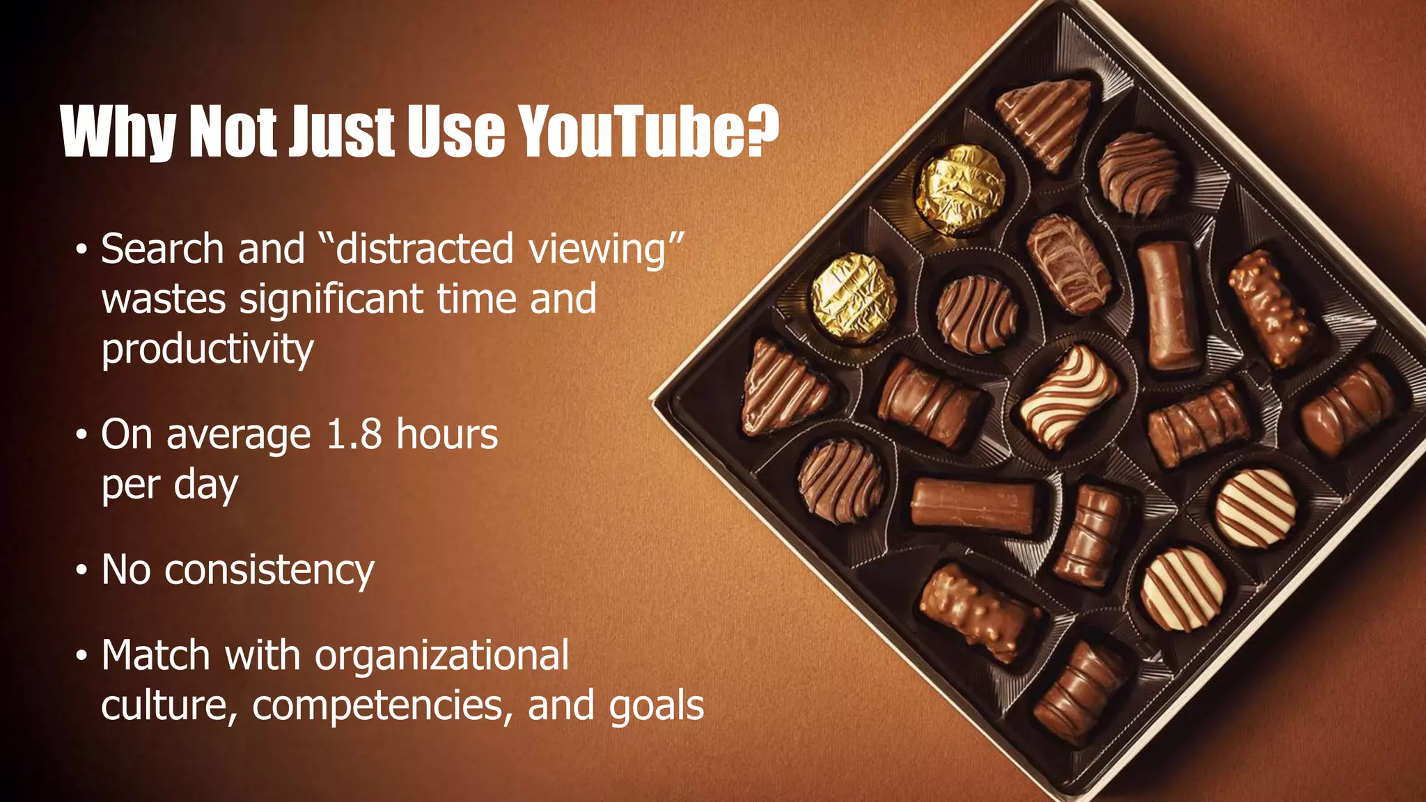 Why Not Just Use YouTube?
• Search and “distracted viewing”
wastes significant time and
productivity
• On average 1.8 hours
per day
• No consistency
• Match with organizational
culture, competencies, and goals
 