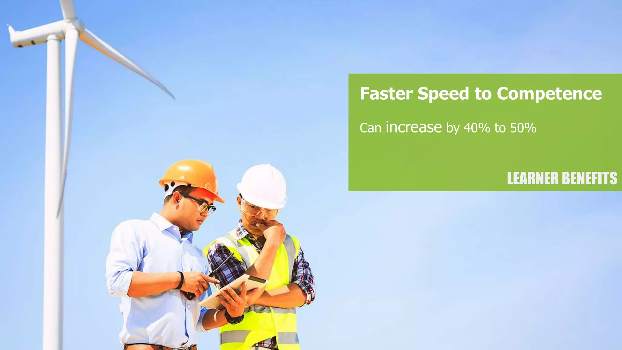 LEARNER BENEFITS
Faster Speed to Competence
Can increase by 40% to 50%
 