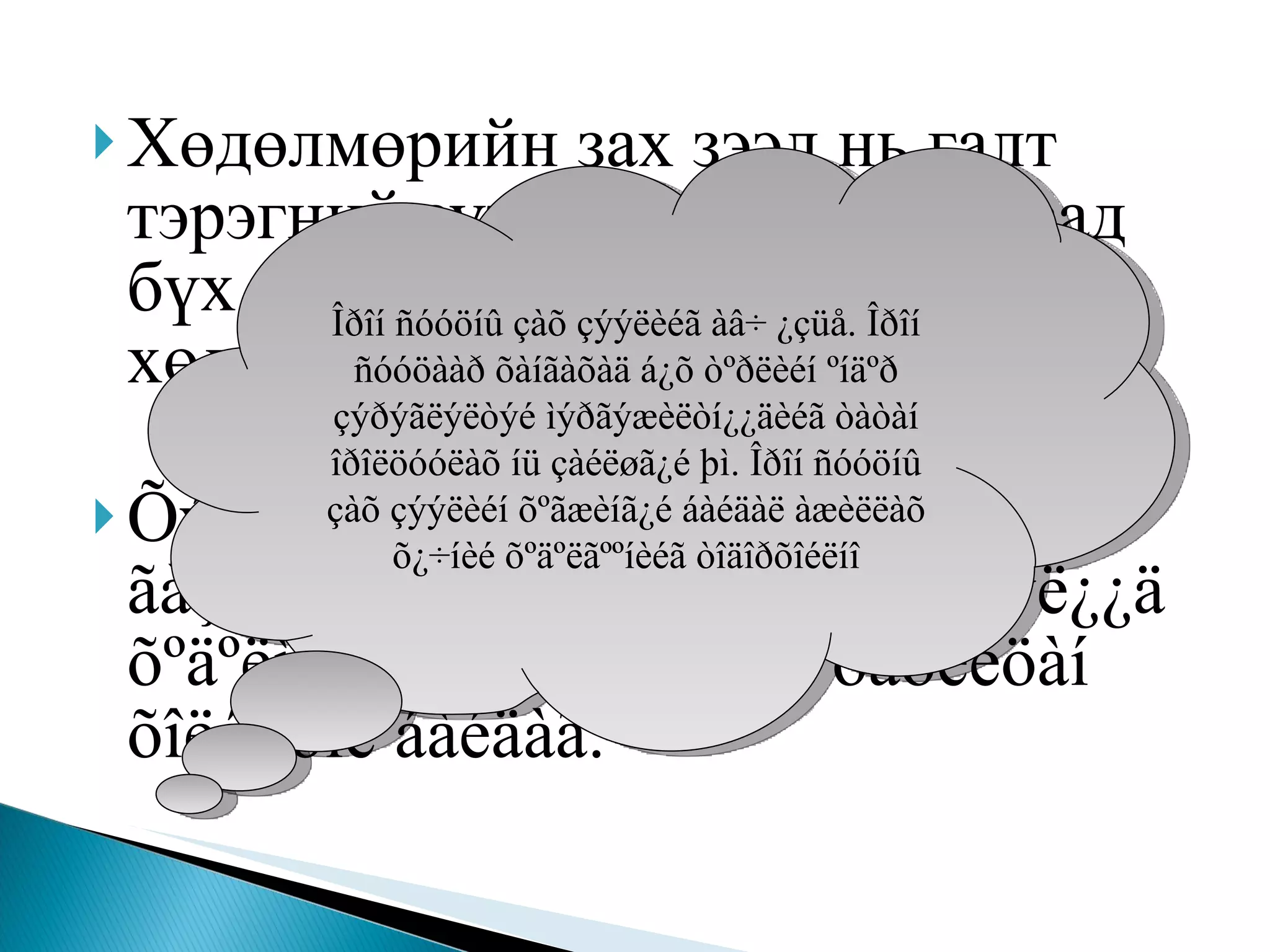 Хөдөлмөрийн зах зээл нь галт тэрэгний зүтгүүрийн адил бусад бүх зах зээл, бүх нөөцийг хөдөлгөөнд оруулдаг. Õýðýãëýýíèé áàðàà, ¿éë÷èëãýý, ãàçðûí, ¿íýò öààñíû ã.ì. çàõ çýýë¿¿ä õºäºëìºðèéí çàõ çýýëòýé õàðèëöàí õîëáîîòîé áàéäàã. Îðîí ñóóöíû çàõ çýýëèéã àâ÷ ¿çüå. Îðîí ñóóöààð õàíãàõàä á¿õ òºðëèéí ºíäºð çýðýãëýëòýé ìýðãýæèëòí¿¿äèéã òàòàí îðîëöóóëàõ íü çàéëøã¿é þì. Îðîí ñóóöíû çàõ çýýëèéí õºãæèíã¿é áàéäàë àæèëëàõ õ¿÷íèé õºäºëãººíèéã òîäîðõîéëíî 