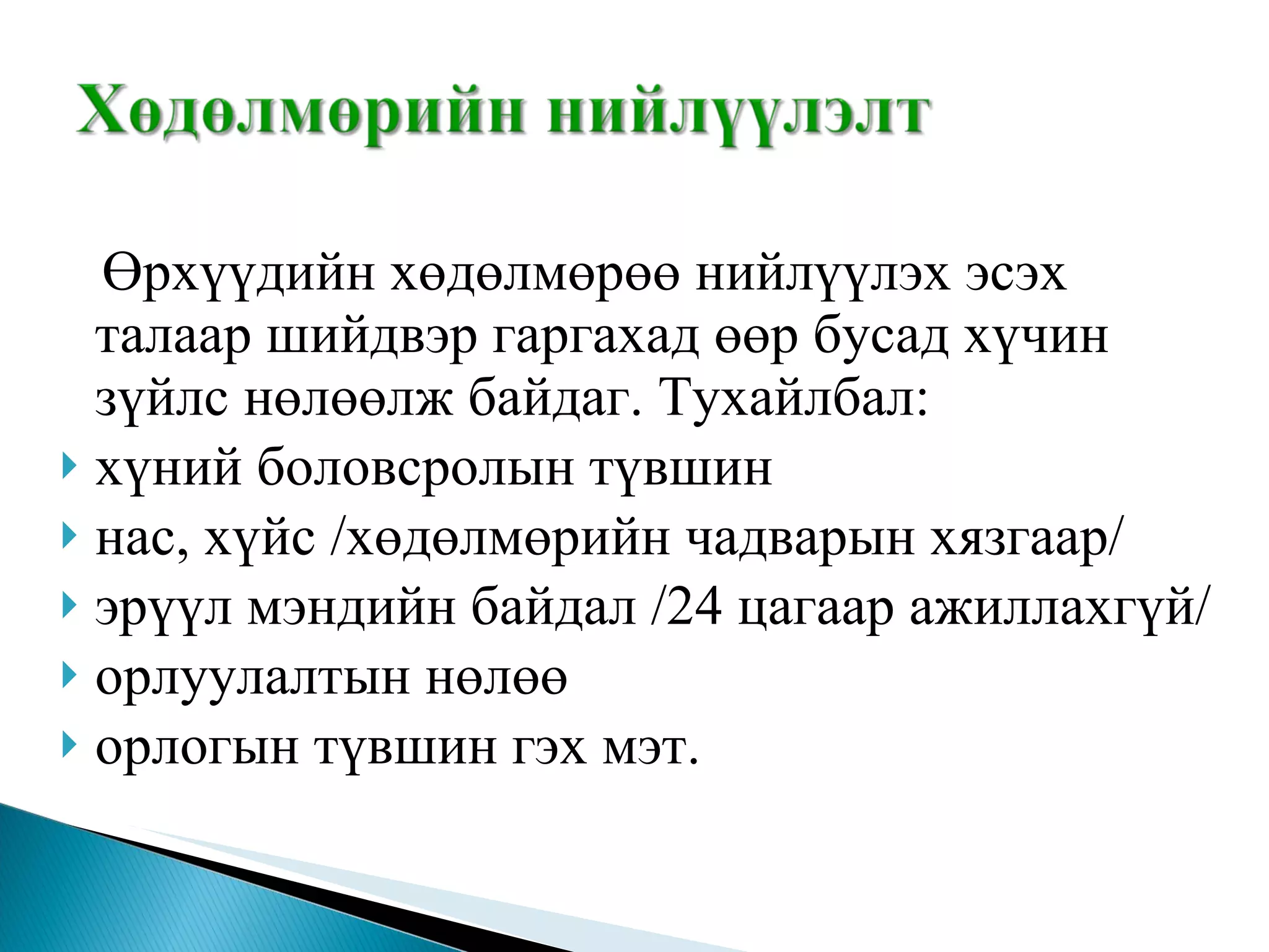 Өрхүүдийн хөдөлмөрөө нийлүүлэх эсэх талаар шийдвэр гаргахад өөр бусад хүчин зүйлс нөлөөлж байдаг. Тухайлбал: хүний боловсролын түвшин  нас, хүйс /хөдөлмөрийн чадварын хязгаар/ эрүүл мэндийн байдал /24 цагаар ажиллахгүй/  орлуулалтын нөлөө орлогын түвшин гэх мэт.  