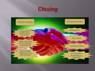 MICROECONOMICS   MACROECONOMICS




                   DEPRESSION
 INCREASE OR
 DECREASE IN
  TAXATION

                     INFLATION

 PRICE CHANGES
 DUE TO SUPPLY
  AND DEMAND
                   UNEMPLOYMENT


  BEHAVIOR OF
 FIRMS SUCH AS      A COUNTRY’S
  MONOPOLIES        ECONOMICAL
                      GROWTH
 