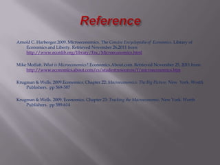 Arnold C. Harberger.2009. Microeconomics. The Concise Encyclopedia of Economics. Library of
    Economics and Liberty. Retrieved November 26,2011 from:
    http://www.econlib.org/library/Enc/Microeconomics.html

Mike Moffatt. What is Microeconomics?.Economics.About.com. Retrieved November 25, 2011 from:
    http://www.economics.about.com/cs/studentresources/f/microeconomics.htm

Krugman & Wells. 2009.Economics. Chapter 22: Macroeconomics: The Big Picture. New York. Worth
    Publishers. pp 569-587

Krugman & Wells. 2009. Economics. Chapter 23: Tracking the Macroeconomic. New York. Worth
    Publishers. pp 589-614
 