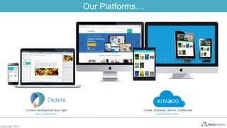 Our Platforms…
Create. Distribute. Deliver. Collaborate
www.kitaboo.com
Content development done right
www.dictera.com
Copyright 2015
 