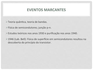 EVENTOS	
  MARCANTES	
  

Ø Teoria	
  quân>ca,	
  teoria	
  de	
  bandas.	
  

Ø Física	
  de	
  semicondutores;	
  junção	
  p-­‐n.	
  

Ø Estudos	
  teóricos	
  nos	
  anos	
  1930	
  e	
  puriﬁcação	
  nos	
  anos	
  1940.	
  

Ø 1946	
  (Lab.	
  Bell):	
  Física	
  de	
  superkcie	
  em	
  semicondutores	
  resultou	
  na	
  
   descoberta	
  do	
  princípio	
  do	
  transistor.	
  
 