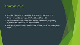 Common cold
 The most common virus tha causes common cold is called rhinovirus.
 Rhinovirus is said to be responsible for at least 50% of cold.
 Other viruses that can cause colds include coronavirus, respiratory
syncytial virus, influenza and parainfluenza.
 Infected organs are mucous membrabe of nose, throat, air passage and
lungs.
 