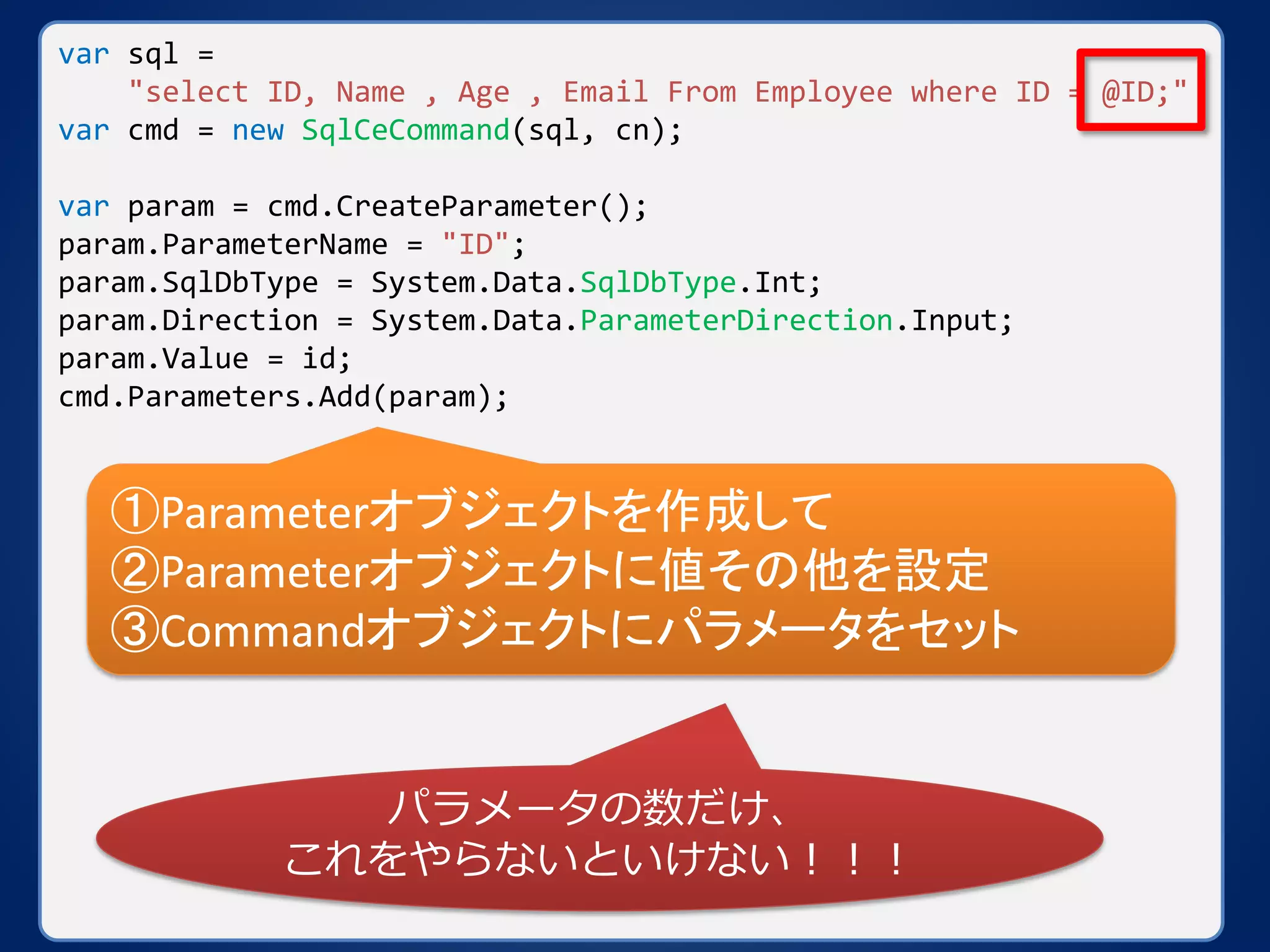 var sql =
"select ID, Name , Age , Email From Employee where ID = @ID;"
var cmd = new SqlCeCommand(sql, cn);
var param = cmd.CreateParameter();
param.ParameterName = "ID";
param.SqlDbType = System.Data.SqlDbType.Int;
param.Direction = System.Data.ParameterDirection.Input;
param.Value = id;
cmd.Parameters.Add(param);
①Parameterオブジェクトを作成して
②Parameterオブジェクトに値その他を設定
③Commandオブジェクトにパラメータをセット
パラメータの数だけ、
これをやらないといけない！！！
 