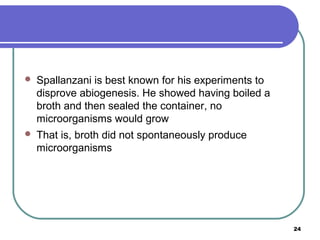 

Spallanzani is best known for his experiments to
disprove abiogenesis. He showed having boiled a
broth and then sealed the container, no
microorganisms would grow



That is, broth did not spontaneously produce
microorganisms

24

 