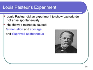 Louis Pasteur’s Experiment
Louis Pasteur did an experiment to show bacteria do
not arise spontaneously.
 He showed microbes caused
fermentation and spoilage,
and disproved spontaneous


25

 