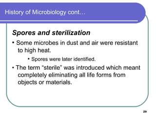 History of Microbiology cont…

Spores and sterilization
• Some microbes in dust and air were resistant
to high heat.
• Spores were later identified.
• The term “sterile” was introduced which meant
completely eliminating all life forms from
objects or materials.

29

 