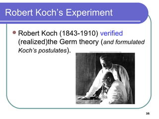 Robert Koch’s Experiment
 Robert

Koch (1843-1910) verified
(realized)the Germ theory (and formulated
Koch’s postulates).

35

 