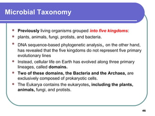 Microbial Taxonomy








Previously living organisms grouped into five kingdoms:
plants, animals, fungi, protists, and bacteria.
DNA sequence-based phylogenetic analysis, on the other hand,
has revealed that the five kingdoms do not represent five primary
evolutionary lines
Instead, cellular life on Earth has evolved along three primary
lineages, called domains.
Two of these domains, the Bacteria and the Archaea, are
exclusively composed of prokaryotic cells.
The Eukarya contains the eukaryotes, including the plants,
animals, fungi, and protists.

46

 