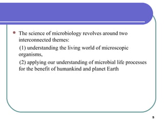 

The science of microbiology revolves around two
interconnected themes:
(1) understanding the living world of microscopic
organisms,
(2) applying our understanding of microbial life processes
for the benefit of humankind and planet Earth

5

 