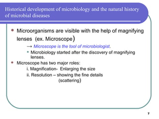 Historical development of microbiology and the natural history
of microbial diseases


Microorganisms are visible with the help of magnifying
lenses (ex. Microscope)
→ Microscope is the tool of microbiologist.
Microbiology started after the discovery of magnifying
lenses.
Microscope has two major roles:
i. Magnification- Enlarging the size
ii. Resolution – showing the fine details
(scattering)




7

 
