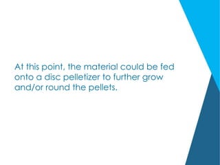 At this point, the material could be fed
onto a disc pelletizer to further grow
and/or round the pellets.
 