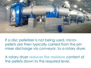 FEECO Rotary Dryer
If a disc pelletizer is not being used, micro-
pellets are then typically carried from the pin
mixer discharge via conveyor, to a rotary dryer.
A rotary dryer reduces the moisture content of
the pellets down to the required level.
 