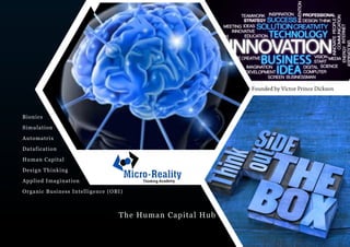 The Human Capital Hub
Bionics
Simulation
Automatrix
Datafication
Human Capital
Design Thinking
Applied Imagination
Organic Business Intelligence (OBI)
 