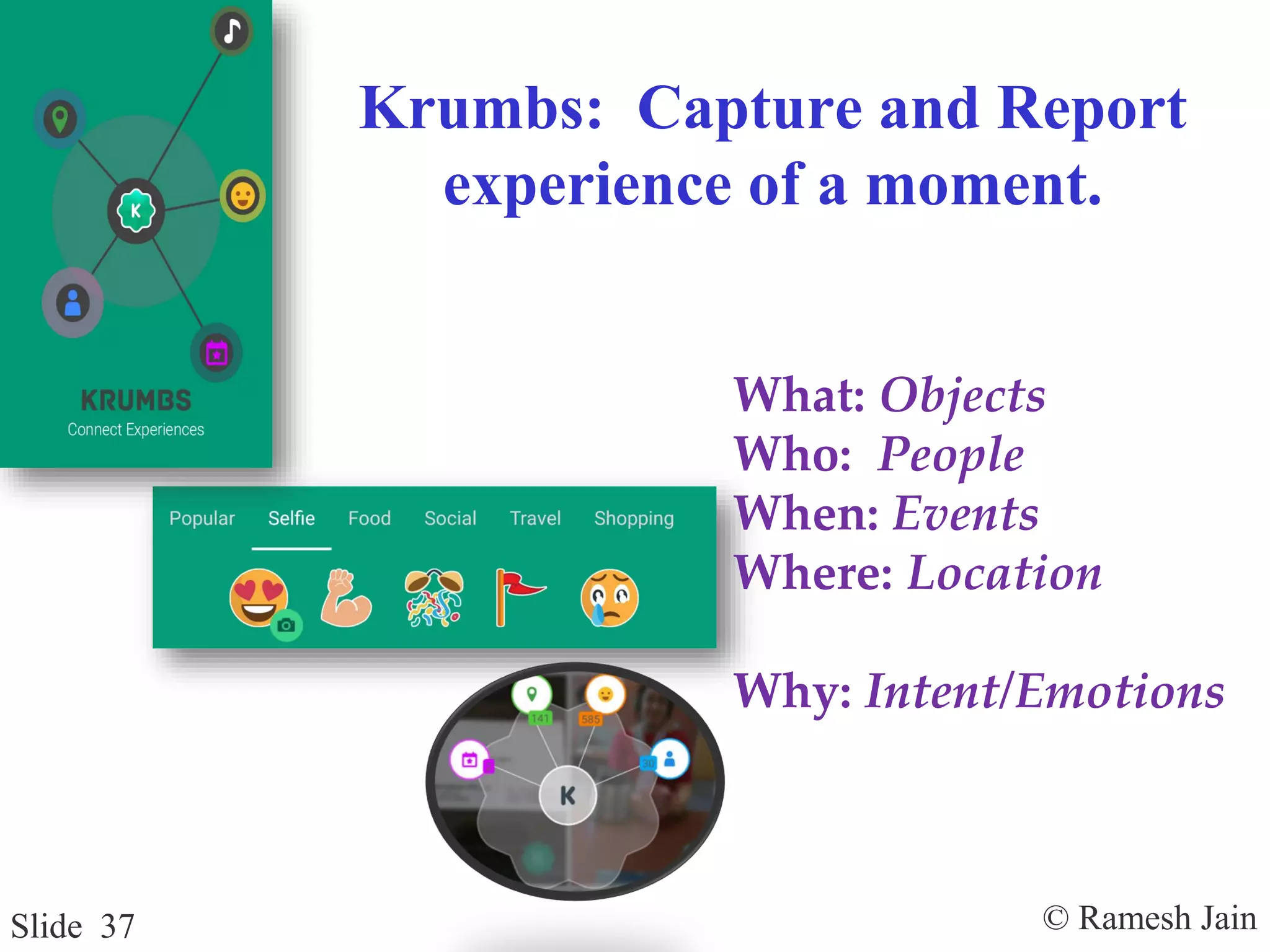 © Ramesh JainSlide 37
Krumbs: Capture and Report
experience of a moment.
What: Objects
Who: People
When: Events
Where: Location
Why: Intent/Emotions
 