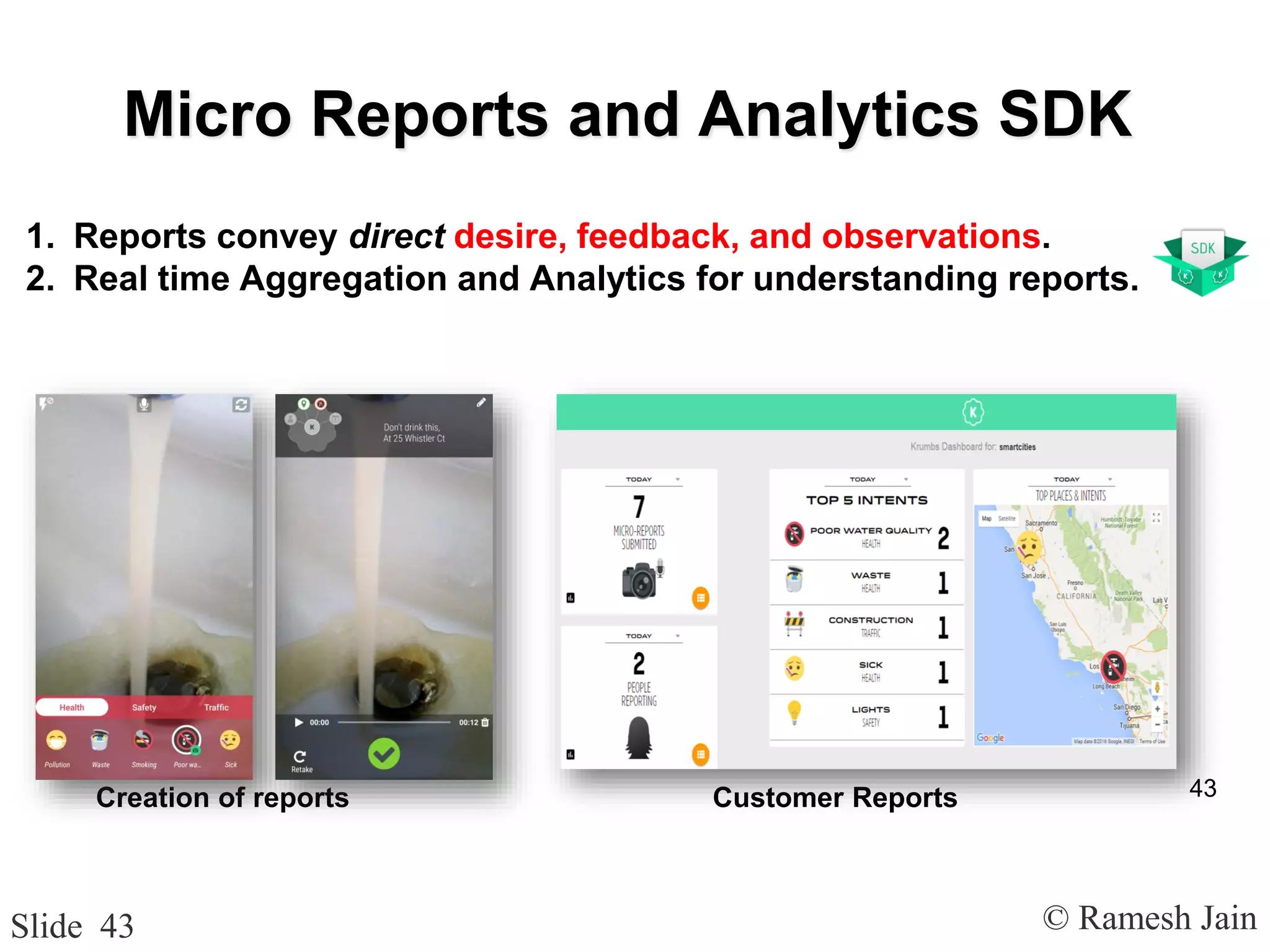 © Ramesh JainSlide 43
Micro Reports and Analytics SDK
1. Reports convey direct desire, feedback, and observations.
2. Real time Aggregation and Analytics for understanding reports.
Creation of reports Customer Reports 43
 