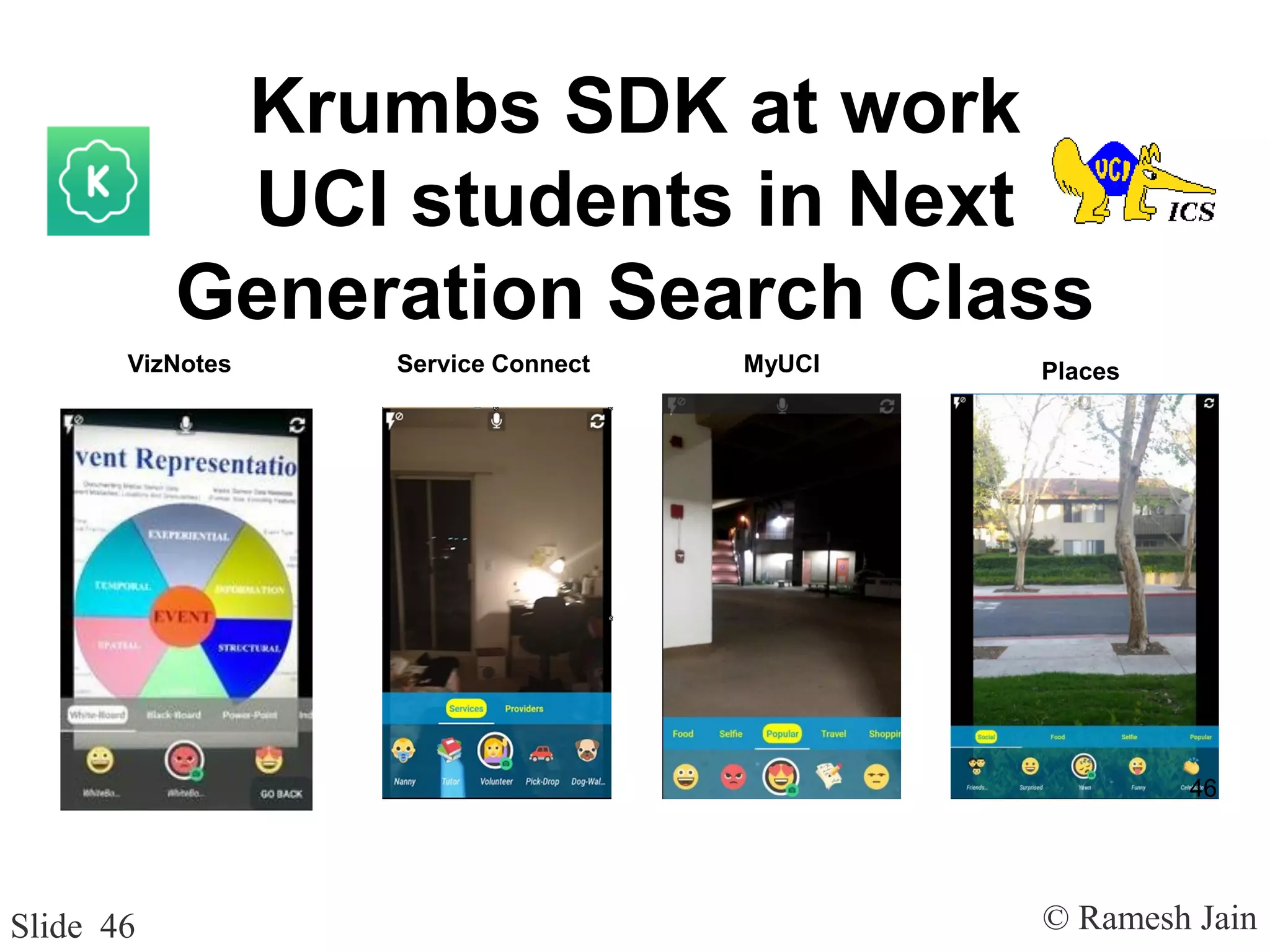 © Ramesh JainSlide 46
Krumbs SDK at work
UCI students in Next
Generation Search Class
Service Connect MyUCIVizNotes Places
46
 