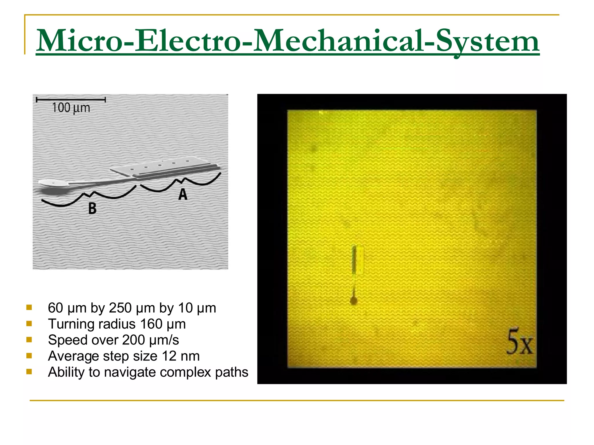 Micro-Electro-Mechanical-System 60 μm by 250 μm by 10 μm Turning radius 160 μm Speed over 200 μm/s Average step size 12 nm Ability to navigate complex paths 