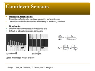 Cantilever Sensors Detection  Mechanisms Detect the deflection of a cantilever caused by surface stresses Measure the shift in the resonance frequency of a vibrating cantilever Drawbacks Inherent elastic instabilities at microscopic level Difficult to fabricate nanoscale cantilevers Image:  L. Nicu, M. Guirardel, Y. Tauran, and C. Bergaud (a) cantilevers  (b) bridges. Optical microscope images of SiNx:  
