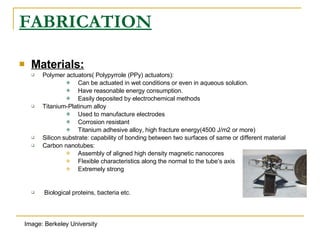 FABRICATION Materials: Polymer actuators( Polypyrrole (PPy) actuators): Can be actuated in wet conditions or even in aqueous solution. Have reasonable energy consumption. Easily deposited by electrochemical methods Titanium-Platinum alloy Used to manufacture electrodes Corrosion resistant Titanium adhesive alloy, high fracture energy(4500 J/m2 or more) Silicon substrate: capability of bonding between two surfaces of same or different material Carbon nanotubes: Assembly of aligned high density magnetic nanocores Flexible characteristics along the normal to the tube’s axis Extremely strong Biological proteins, bacteria etc. Image: Berkeley University 