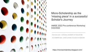 Micro-Scholarship as the
'missing piece' in a successful
Scholar's Journey
IAMSE 2022 Pre-conference Workshop
5/22/2022
POH-SUN GOH – NATIONAL UNIVERSITY OF SINGAPORE
SOL ROBERTS-LIEB – CARLE ILLINOIS COLLEGE OF MEDICINE
https://microscholarship.blogspot.com/
 