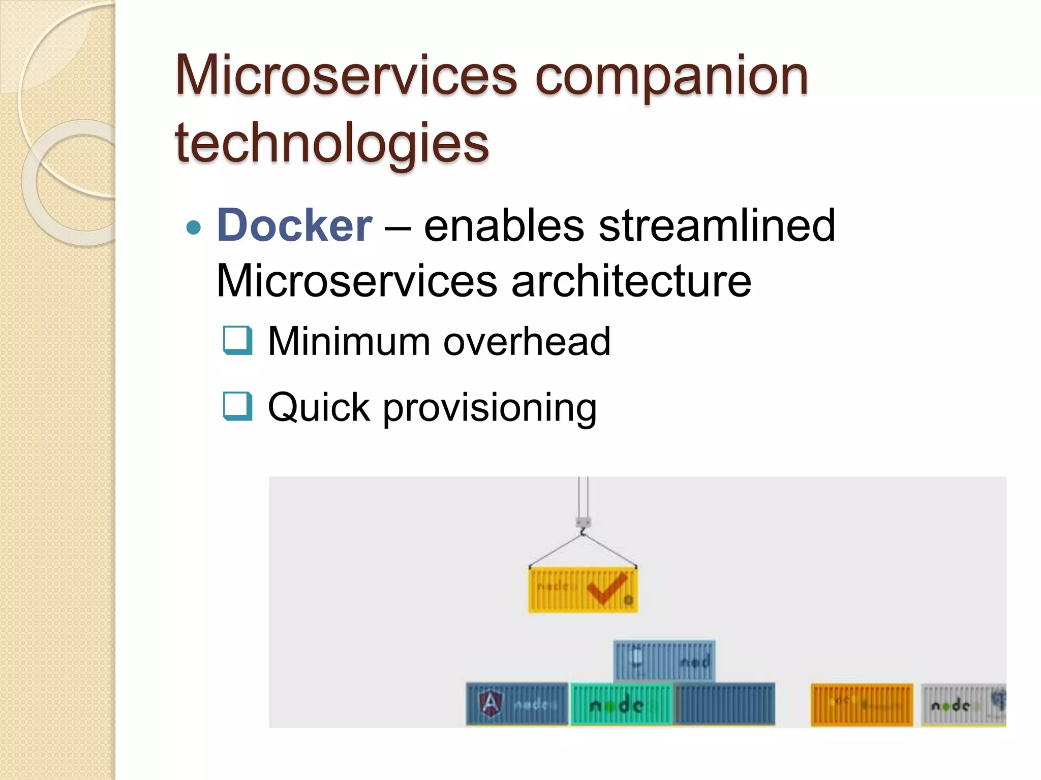 Microservices companion
technologies
 Docker – enables streamlined
Microservices architecture
 Minimum overhead
 Quick provisioning
 