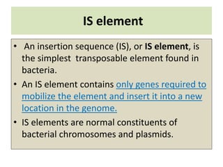 IS element
• An insertion sequence (IS), or IS element, is
the simplest transposable element found in
bacteria.
• An IS element contains only genes required to
mobilize the element and insert it into a new
location in the genome.
• IS elements are normal constituents of
bacterial chromosomes and plasmids.
 