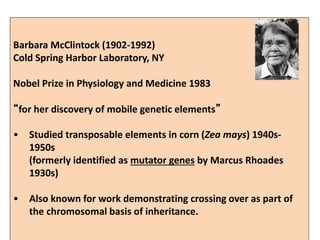 Barbara McClintock (1902-1992)
Cold Spring Harbor Laboratory, NY
Nobel Prize in Physiology and Medicine 1983
“for her discovery of mobile genetic elements”
• Studied transposable elements in corn (Zea mays) 1940s-
1950s
(formerly identified as mutator genes by Marcus Rhoades
1930s)
• Also known for work demonstrating crossing over as part of
the chromosomal basis of inheritance.
 