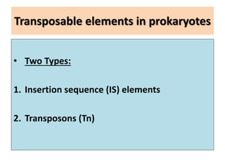 Transposable elements in prokaryotes
• Two Types:
1. Insertion sequence (IS) elements
2. Transposons (Tn)
 