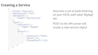 {
"kind": "Service",
"apiVersion": "v1",
"metadata": {
"name": "my-service"
},
"spec": {
"selector": {
"app": "MyApp"
},
"ports": [
{
"protocol": "TCP",
"port": 80,
"targetPort": 9376
}
]
}
}
Creating a Service
Assumes a set of pods listening
on port 9376, with label ‘MyApp’
set.
POST to the API server will
create a new service object
 