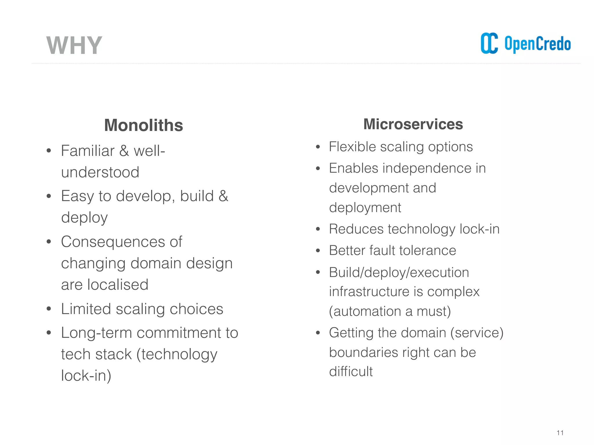 11
Monoliths
• Familiar & well-
understood
• Easy to develop, build &
deploy
• Consequences of
changing domain design
are localised
• Limited scaling choices
• Long-term commitment to
tech stack (technology
lock-in)
Microservices
• Flexible scaling options
• Enables independence in
development and
deployment
• Reduces technology lock-in
• Better fault tolerance
• Build/deploy/execution
infrastructure is complex
(automation a must)
• Getting the domain (service)
boundaries right can be
difﬁcult
WHY
 