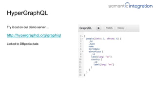 HyperGraphQL
http://hypergraphql.org/graphiql
Try it out on our demo server…
Linked to DBpedia data
 