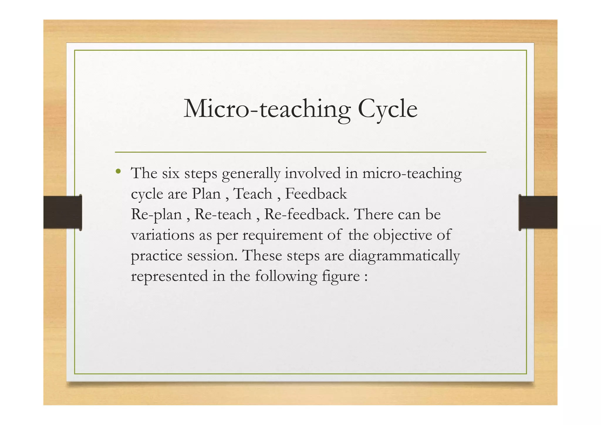 Micro-teaching Cycle
• The six steps generally involved in micro-teaching
cycle are Plan , Teach , Feedback
Re-plan , Re-teach , Re-feedback. There can be
variations as per requirement of the objective of
practice session. These steps are diagrammatically
represented in the following figure :
 