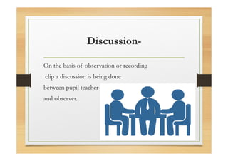 Discussion-
On the basis of observation or recording
clip a discussion is being done
between pupil teacher
and observer.
 