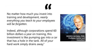 No matter how much you invest into
training and development, nearly
everything you teach to your employees
will be forgotten.
Indeed, although corporations spend 60
billion dollars a year on training, this
investment is like pumping gas into a car
that has a hole in the tank. All of your
hard work simply drains away.”
SOURCE: Art Kohn, PHD,
Professor, Author and
Consultant
 