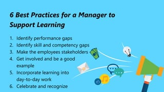 6 Best Practices for a Manager to
Support Learning
1. Identify performance gaps
2. Identify skill and competency gaps
3. Make the employees stakeholders
4. Get involved and be a good
example
5. Incorporate learning into
day-to-day work
6. Celebrate and recognize
$
$
$
@
 