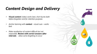 Content Design and Delivery
• Visual content (video) works best, short bursts both
before forgotten and for retention purposes
• Anchor learning with context – visual cues – works
best
• Make recollection of content difficult but not
impossible. Review with correct answers after
intervals - allow some forgetting to occur
 